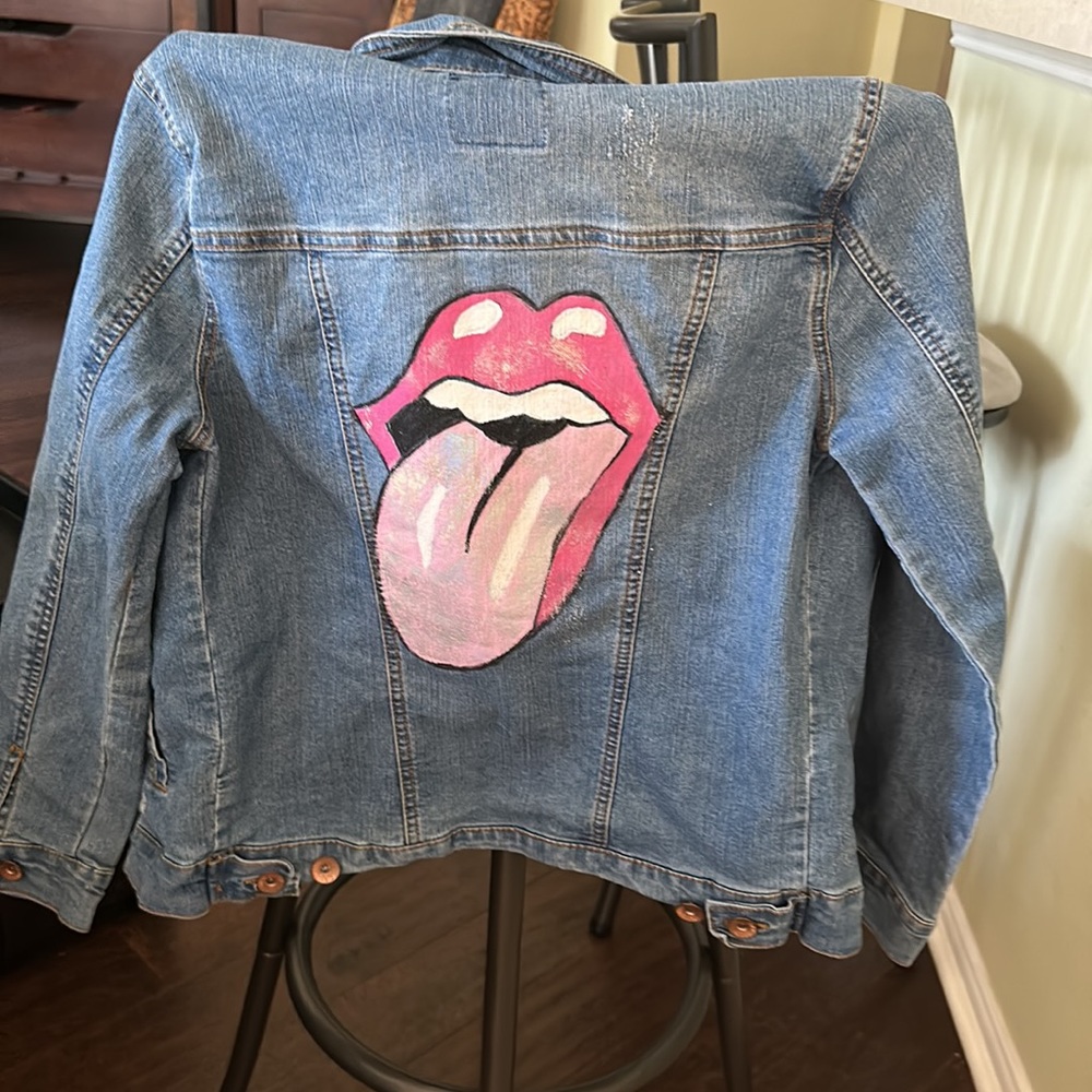 Hand painted rolling stone emblem with iridescent foil, size small jean jacket